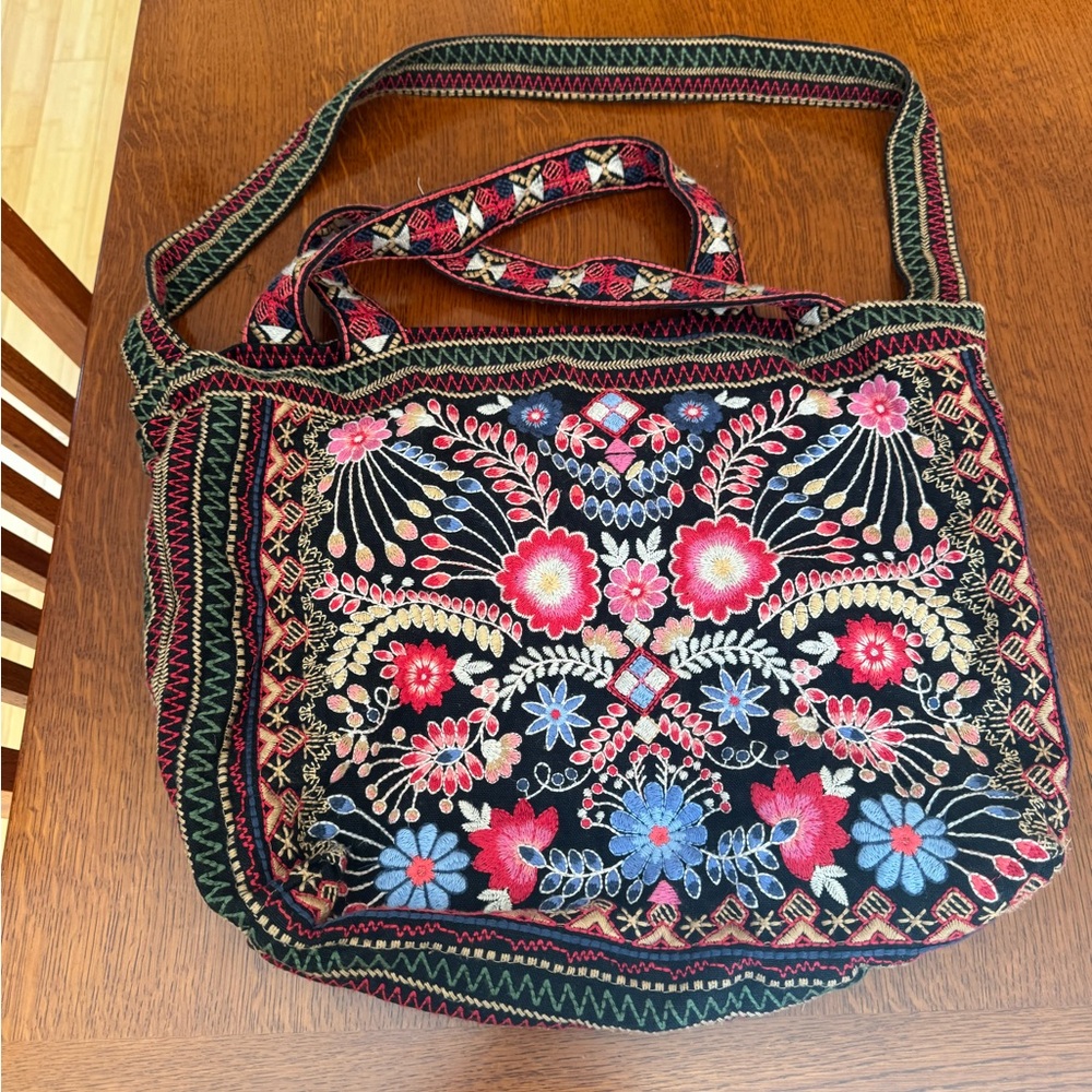 Johnny Was Black and Red Embroidered Shoulder Bag